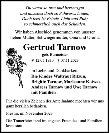 Traueranzeige von Gertrud Tarnow von Zeitung für die Landeshauptstadt