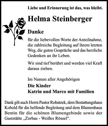 Traueranzeige von Helma Steinberger von Gadebusch-Rehnaer Zeitung