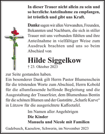 Traueranzeige von Hilde Siggelkow von Gadebusch-Rehnaer Zeitung