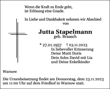 Traueranzeige von Jutta Stapelmann von Güstrower Zeitung