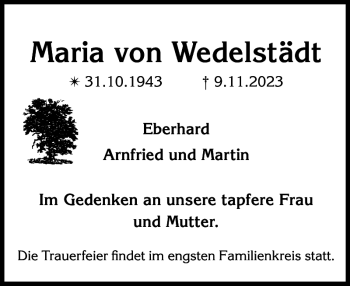 Traueranzeige von Maria von Wedelstädt von Zeitung für die Landeshauptstadt