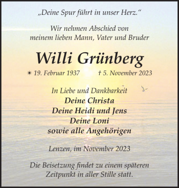 Traueranzeige von Willi Grünberg von Der Prignitzer