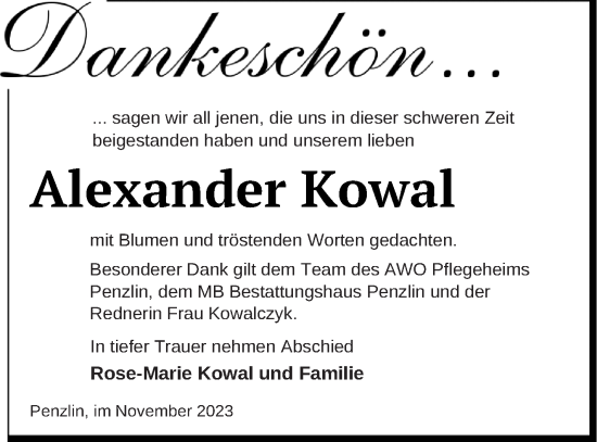 Traueranzeige von Alexander Kowal von Müritz-Zeitung