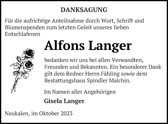 Traueranzeige von Alfons Langer von Mecklenburger Schweiz