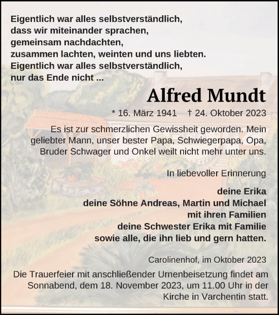 Traueranzeige von Alfred Mundt von Müritz-Zeitung
