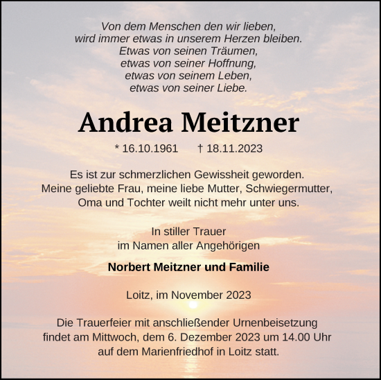 Traueranzeige von Andrea Meitzner von Vorpommern Kurier