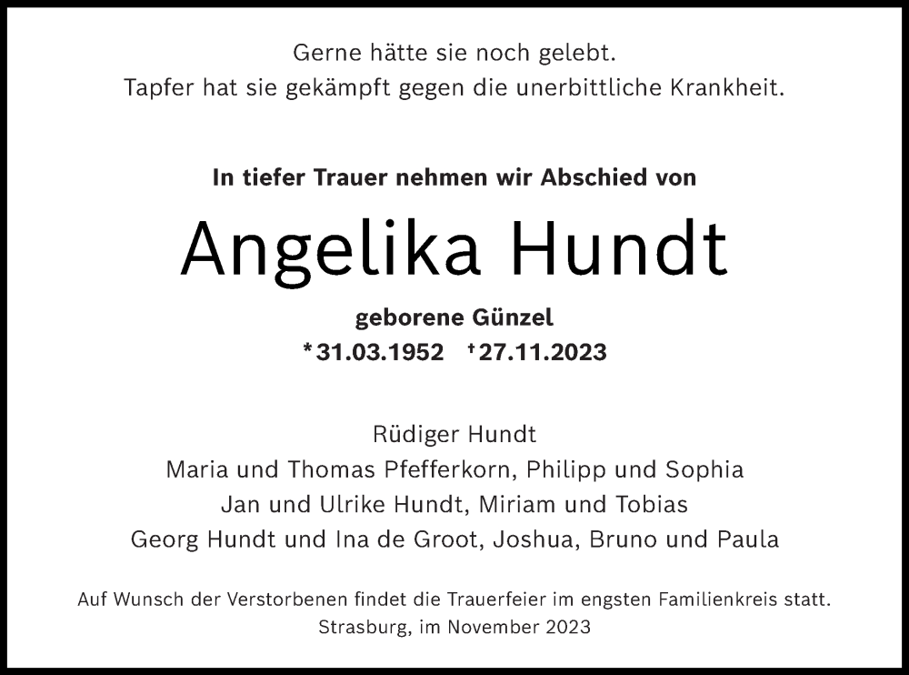  Traueranzeige für Angelika Hundt vom 29.11.2023 aus Pasewalker Zeitung