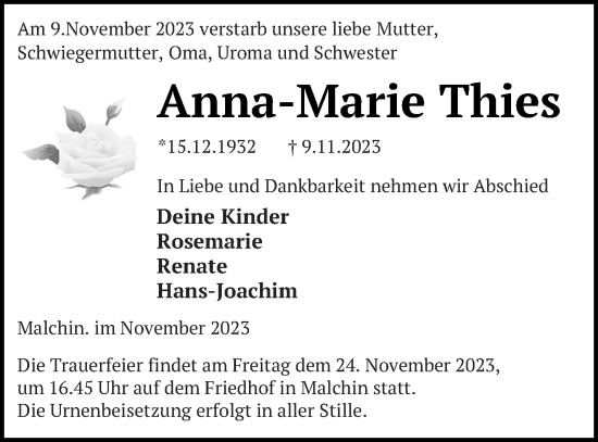 Traueranzeige von Anna-Marie Thies von Mecklenburger Schweiz