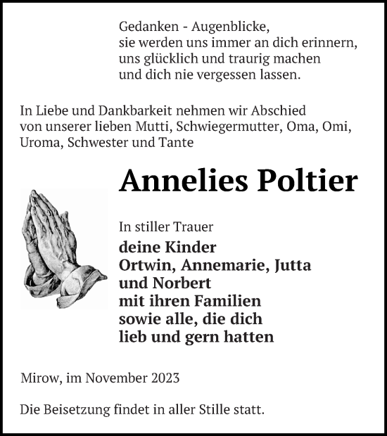Traueranzeige von Annelies Poltier von Strelitzer Zeitung