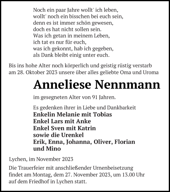 Traueranzeige von Anneliese Nennmann von Templiner Zeitung