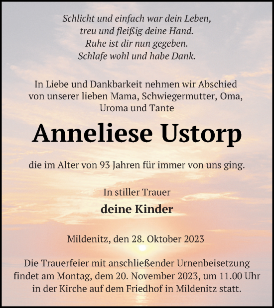 Traueranzeige von Anneliese Ustorp von Strelitzer Zeitung