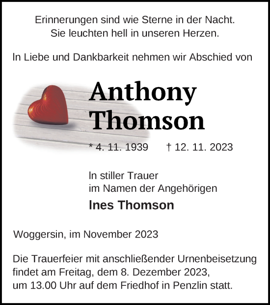 Traueranzeige von Anthony Thomson von Müritz-Zeitung