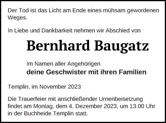 Traueranzeige von Bernhard Baugatz von Templiner Zeitung
