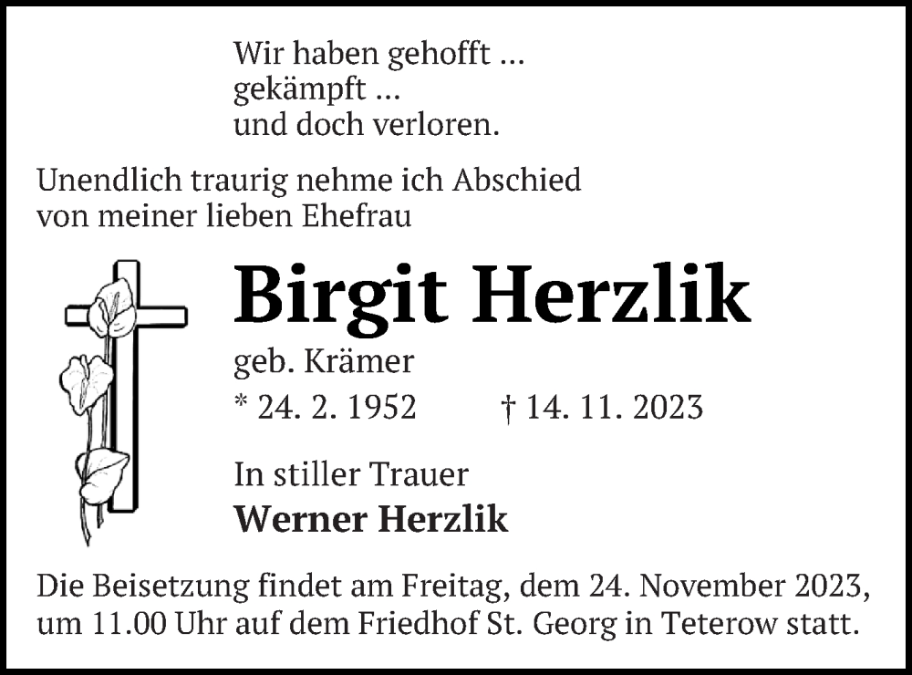  Traueranzeige für Birgit Herzlik vom 17.11.2023 aus Mecklenburger Schweiz