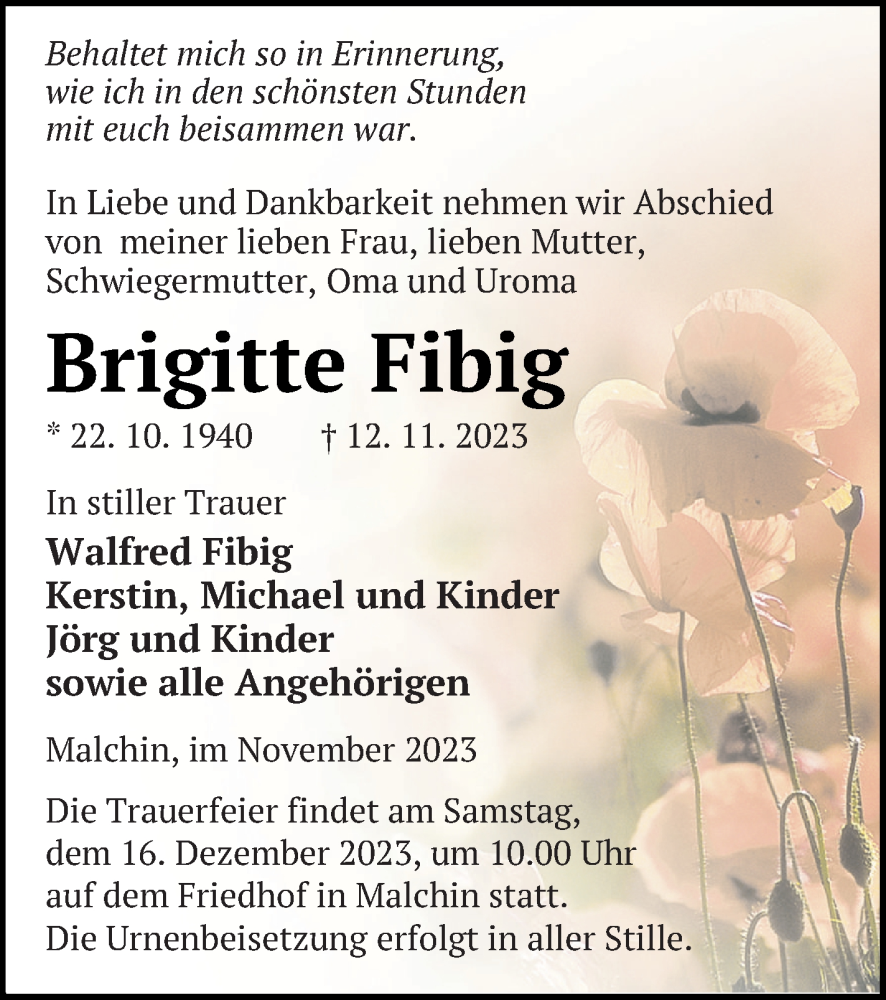  Traueranzeige für Brigitte Fibig vom 17.11.2023 aus Mecklenburger Schweiz