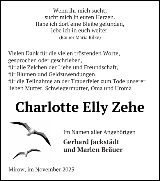 Traueranzeige von Charlotte Elly Zehe von Müritz-Zeitung