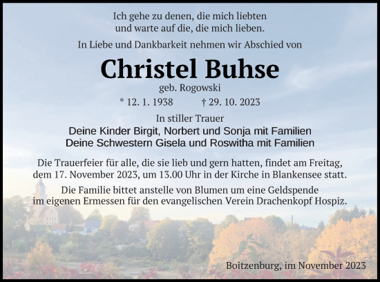 Traueranzeige von Christel Buhse von Templiner Zeitung