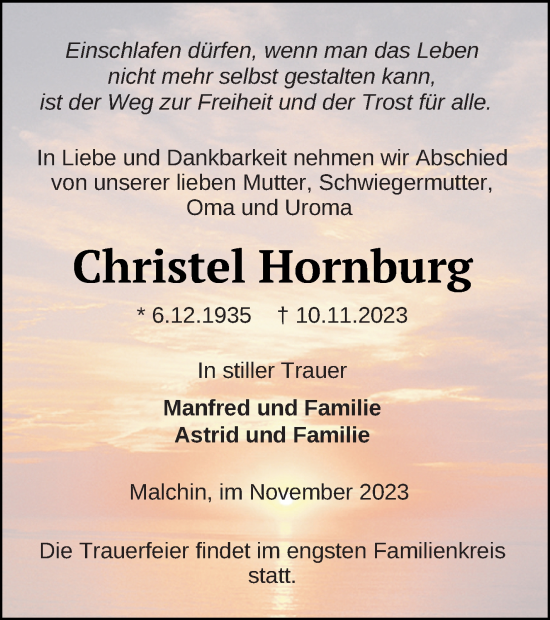 Traueranzeige von Christel Hornburg von Mecklenburger Schweiz