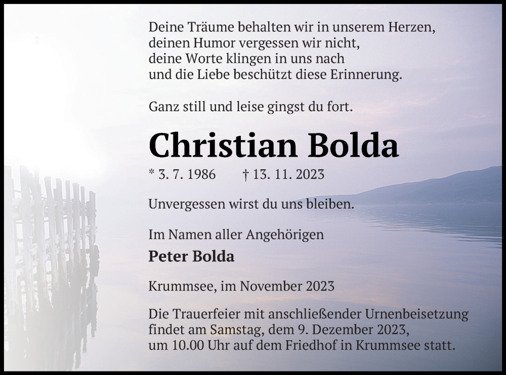  Traueranzeige für Christian Bolda vom 28.11.2023 aus Mecklenburger Schweiz