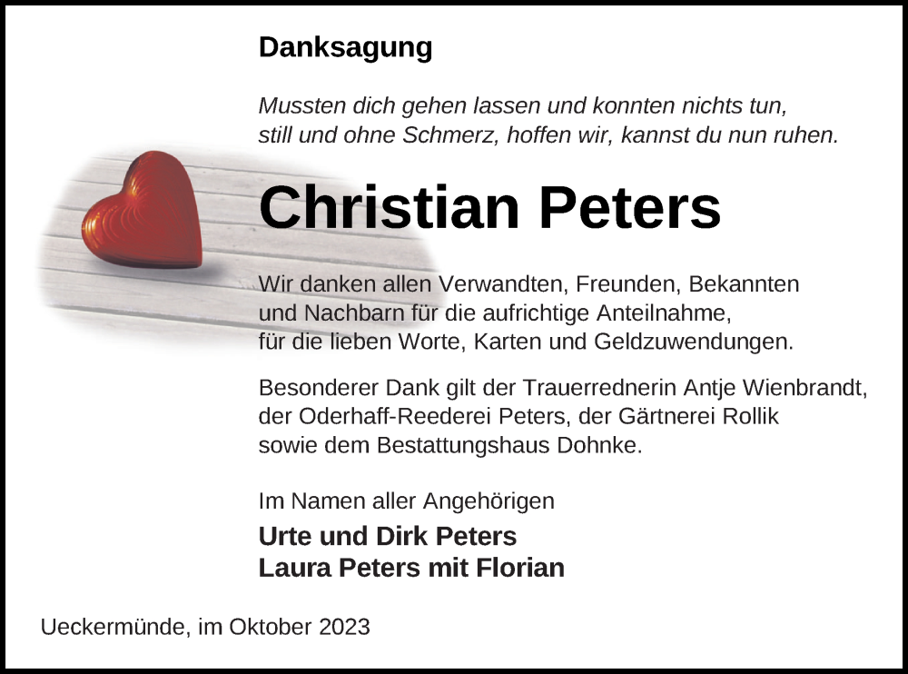  Traueranzeige für Christian Peters vom 04.11.2023 aus Haff-Zeitung