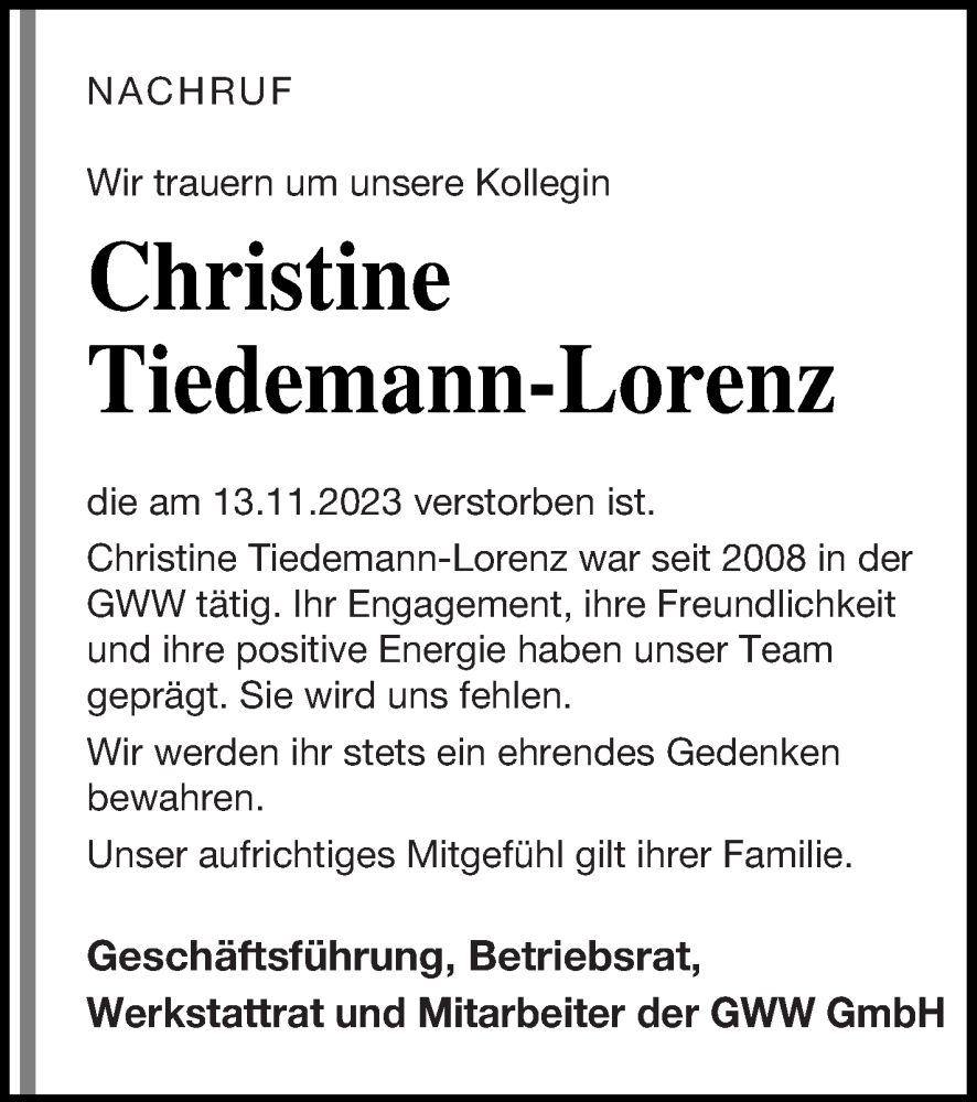  Traueranzeige für Christine Tiedemann-Lorenz vom 22.11.2023 aus 