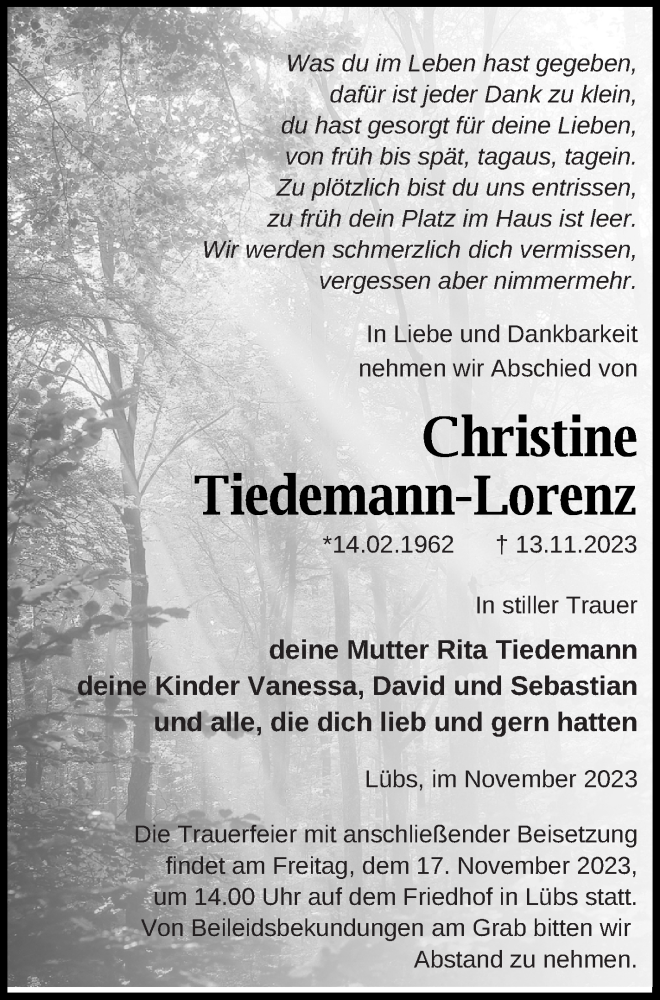  Traueranzeige für Christine Tiedemann-Lorenz vom 15.11.2023 aus Haff-Zeitung