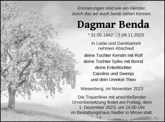 Traueranzeige von Dagmar Benda von Strelitzer Zeitung