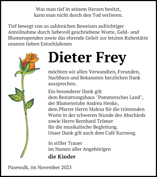 Traueranzeige von Dieter Frey von Pasewalker Zeitung