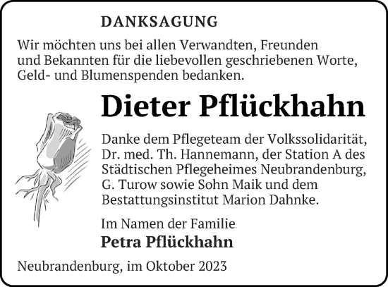 Traueranzeige von Dieter Pflückhahn von Neubrandenburger Zeitung