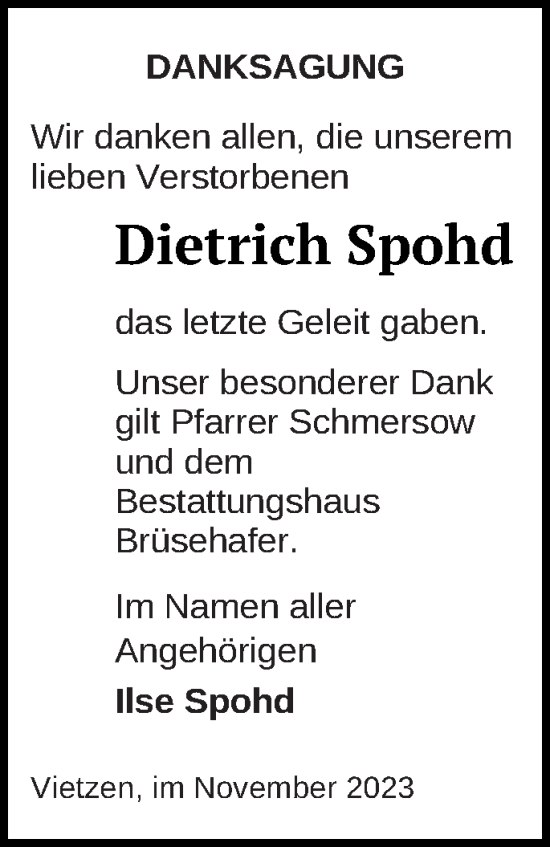 Traueranzeige von Dietrich Spohd von Müritz-Zeitung