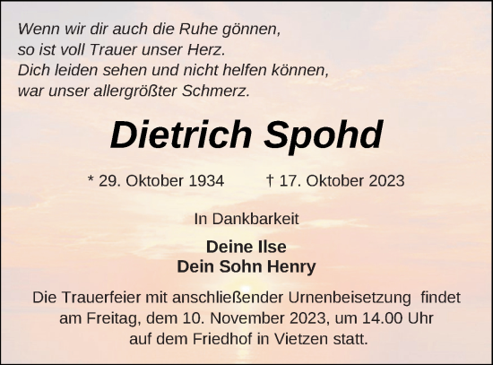 Traueranzeige von Dietrich Spohd von Müritz-Zeitung
