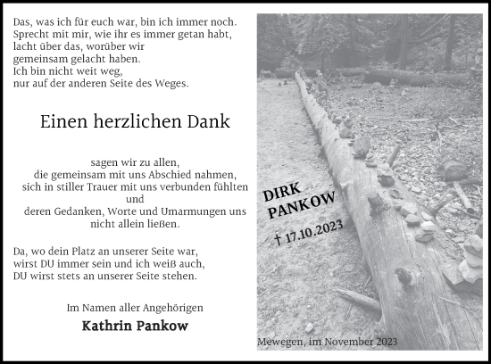 Traueranzeige von Dirk Pankow von Haff-Zeitung