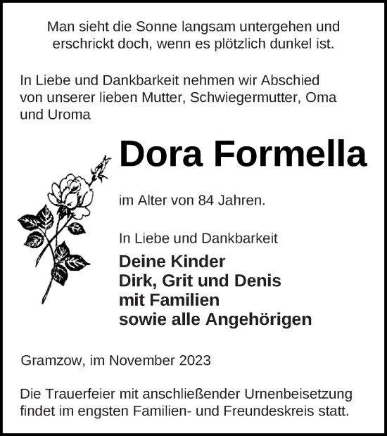 Traueranzeige von Dora Formella von Prenzlauer Zeitung