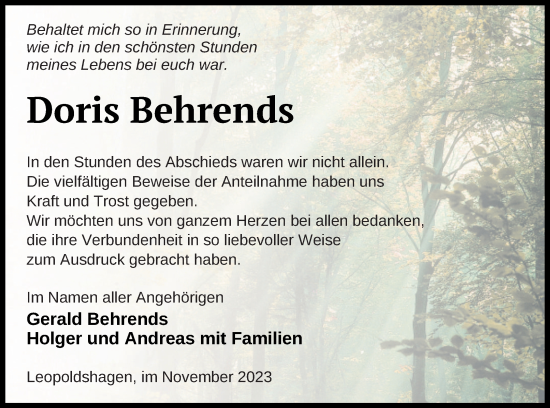 Traueranzeige von Doris Behrends von Vorpommern Kurier