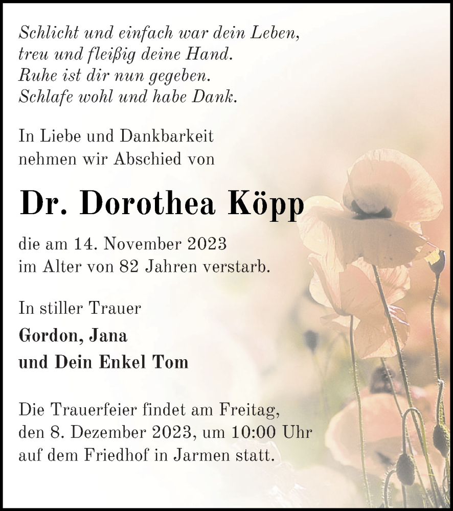  Traueranzeige für Dorothea Köpp vom 17.11.2023 aus Demminer Zeitung