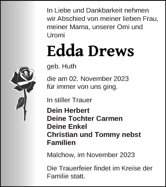 Traueranzeige von Edda Drews von Müritz-Zeitung