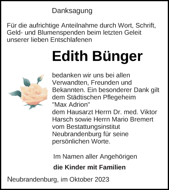 Traueranzeige von Edith Bünger von Neubrandenburger Zeitung