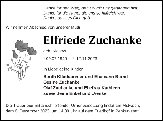 Traueranzeige von Elfriede Zuchanke von Pasewalker Zeitung