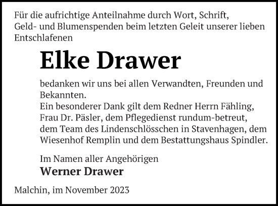 Traueranzeige von Elke Drawer von Mecklenburger Schweiz