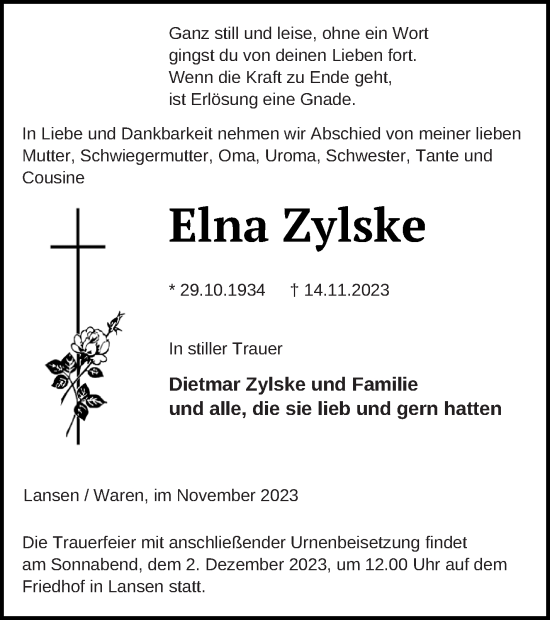 Traueranzeige von Elna Zylske von Müritz-Zeitung