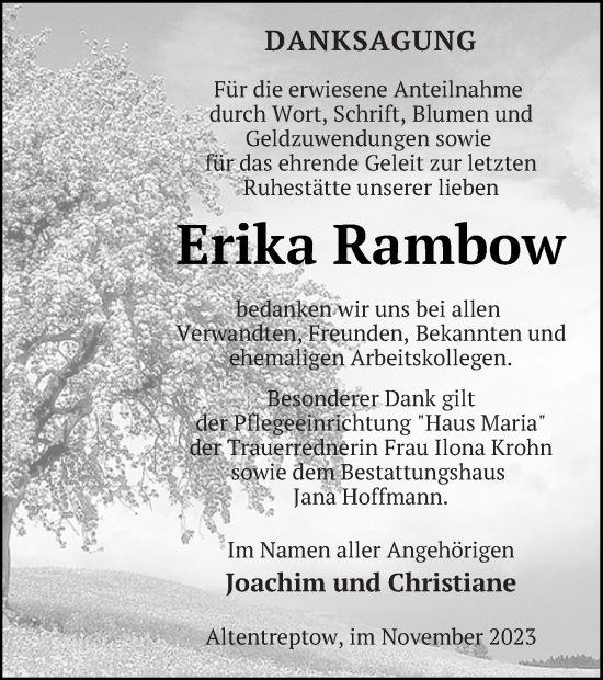 Traueranzeige von Erika Rambow von Neubrandenburger Zeitung