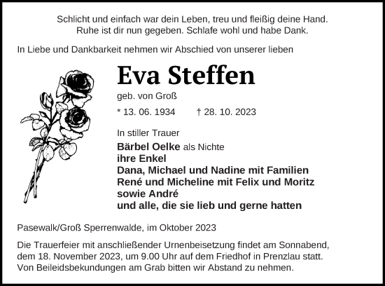 Traueranzeige von Eva Steffen von Prenzlauer Zeitung