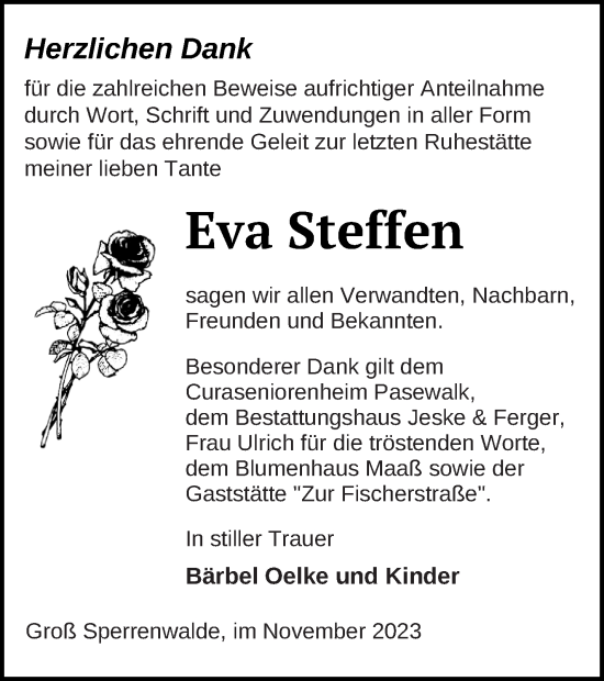 Traueranzeige von Eva Steffen von Prenzlauer Zeitung