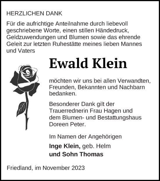 Traueranzeige von Ewald Klein von Neubrandenburger Zeitung