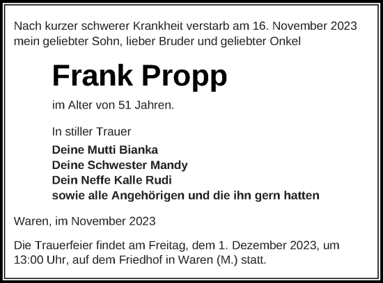 Traueranzeige von Frank Propp von Müritz-Zeitung