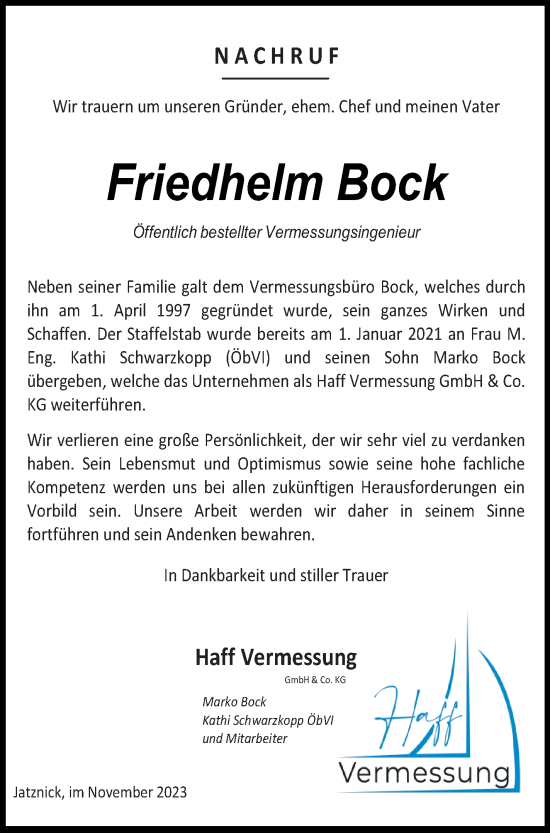 Traueranzeige von Friedhelm Bock von Haff-Zeitung