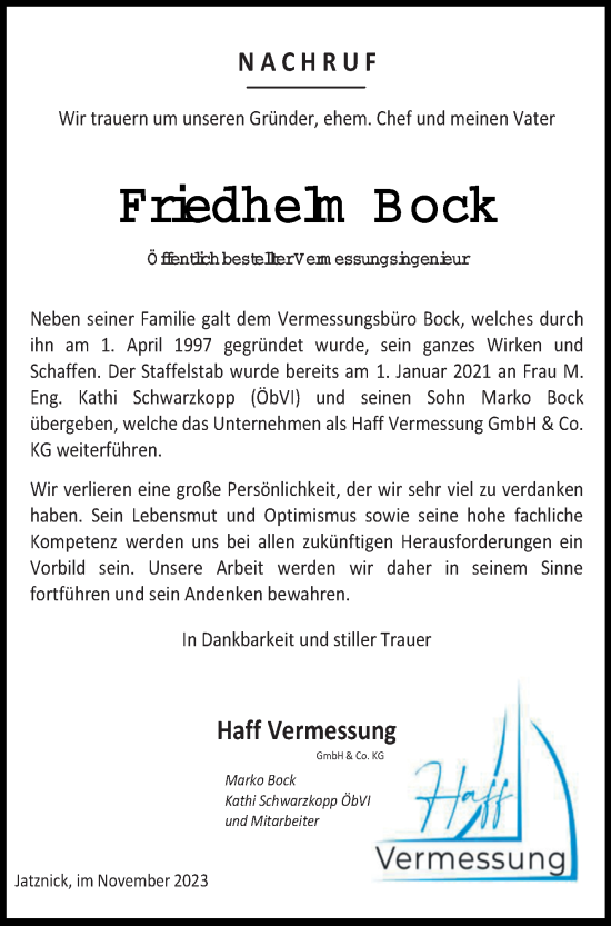 Traueranzeige von Friedhelm Bock von Haff-Zeitung