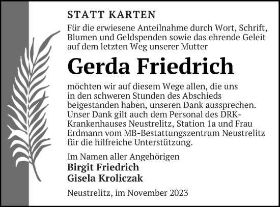Traueranzeige von Gerda Friedrich von Strelitzer Zeitung