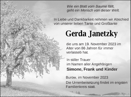 Traueranzeige von Gerda Janetzky von Neubrandenburger Zeitung