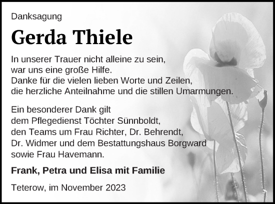 Traueranzeige von Gerda Thiele von Mecklenburger Schweiz